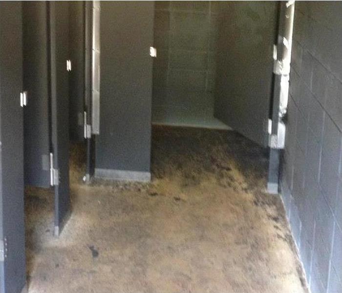 sewage on the floor of a public restroom