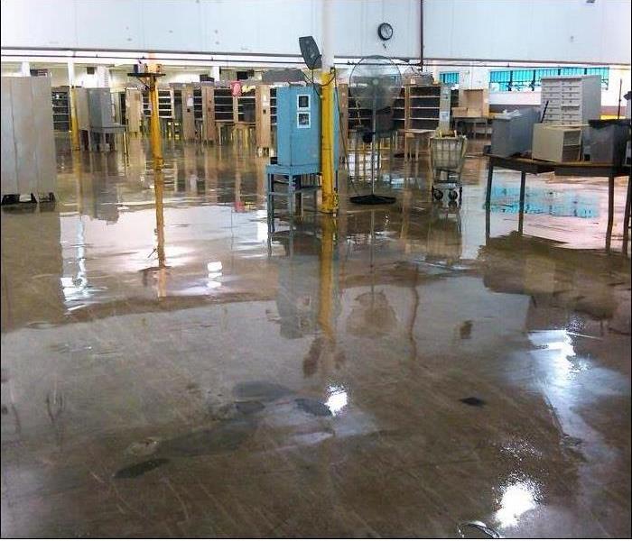 water reflecting off the concrete floor of this warehouse