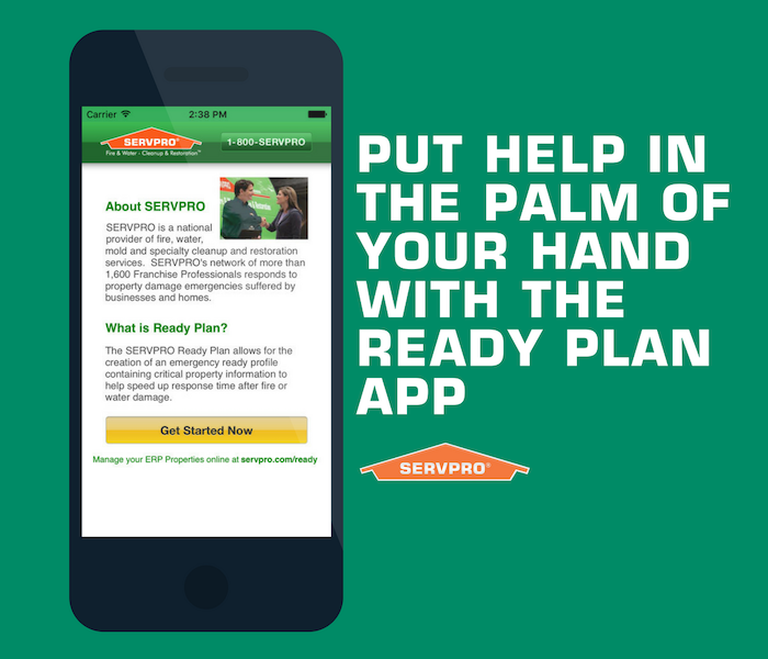Cell phone showing a SERVPRO app with the words “Put help in the palm of your habd with the ready plan app” 