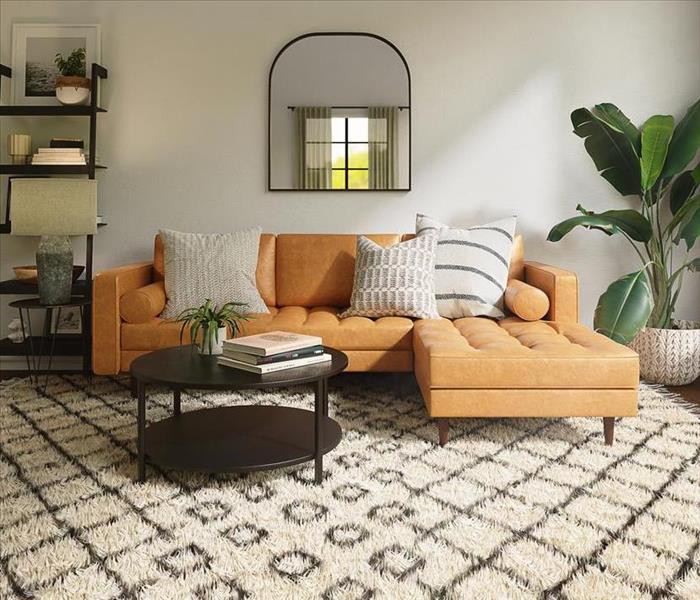 modern living room with orange sofa, mirror and bookshelf.